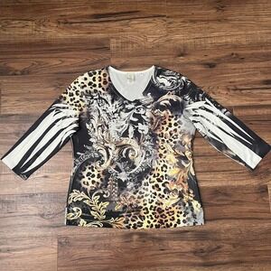 Jess & Jane Leopard Baroque Top Y2K Statement Print Rhinestones Women M Artsy